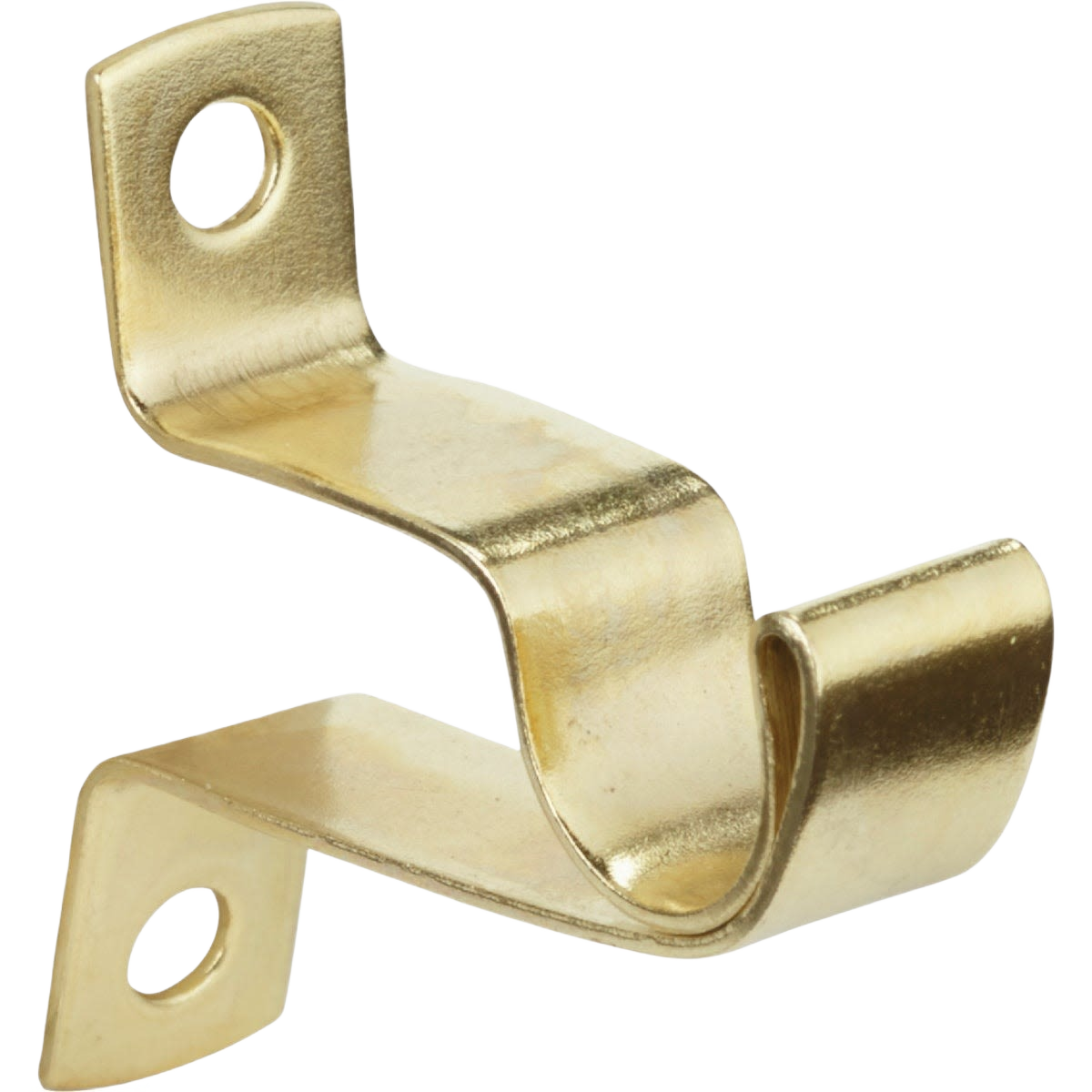 Brass-toned metal wall-mounted bracket with two mounting holes for holding curtain rods in home improvement projects