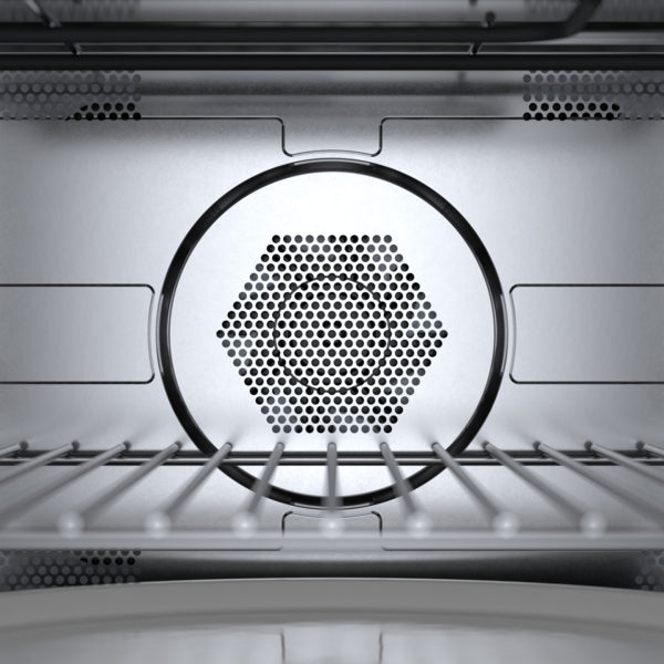 Interior view of stainless steel oven showing convection fan and wire rack from wall ovens collection