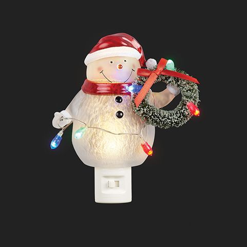 Festive snowman nightlight with red hat and scarf holding wreath with colorful string lights for Christmas Lights collection