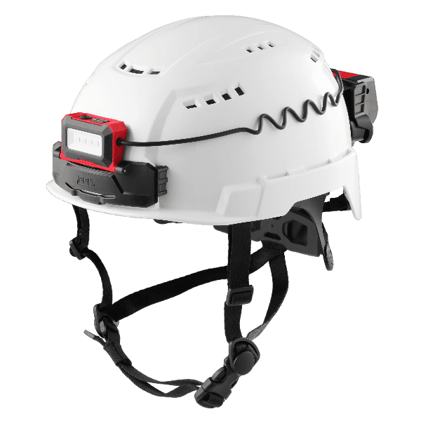 White safety helmet with attached red and black rechargeable USB headlamp and adjustable chin strap for tools and home improvement tasks