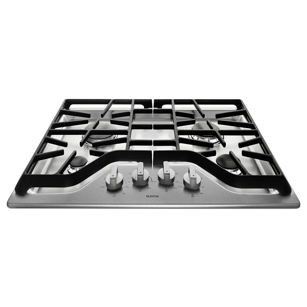 30-inch wide gas cooktop with four burners including high-output Power™ Burner, heavy-duty grates, and front control knobs, part of Cooktops and Gas Cooktops collections.