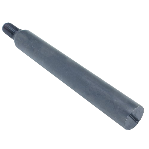 Black metal roller shaft with threaded end designed for mower deck replacement and tools use