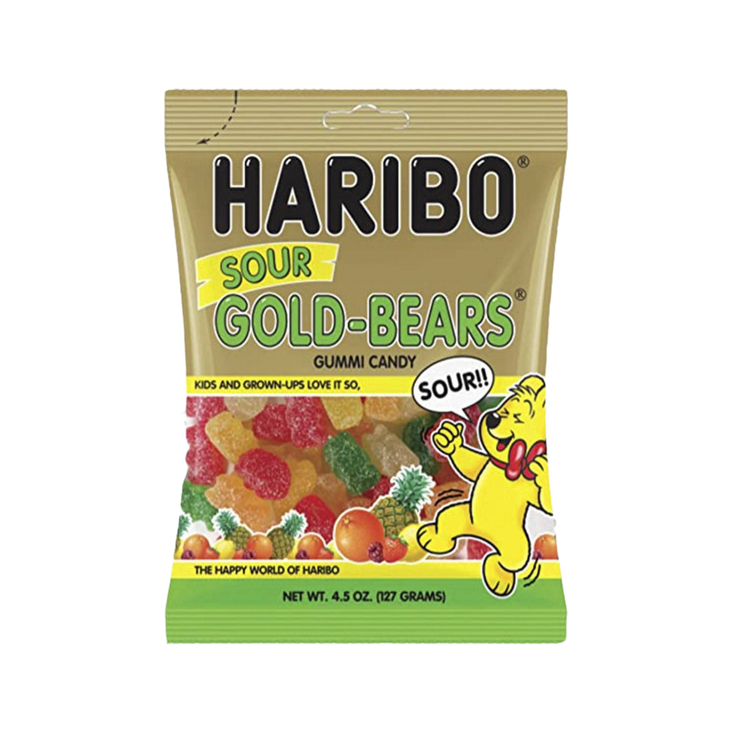 Pack of Haribo sour gold gummy bears with multi-colored fruit-flavored chewy candy in food and beverage collection