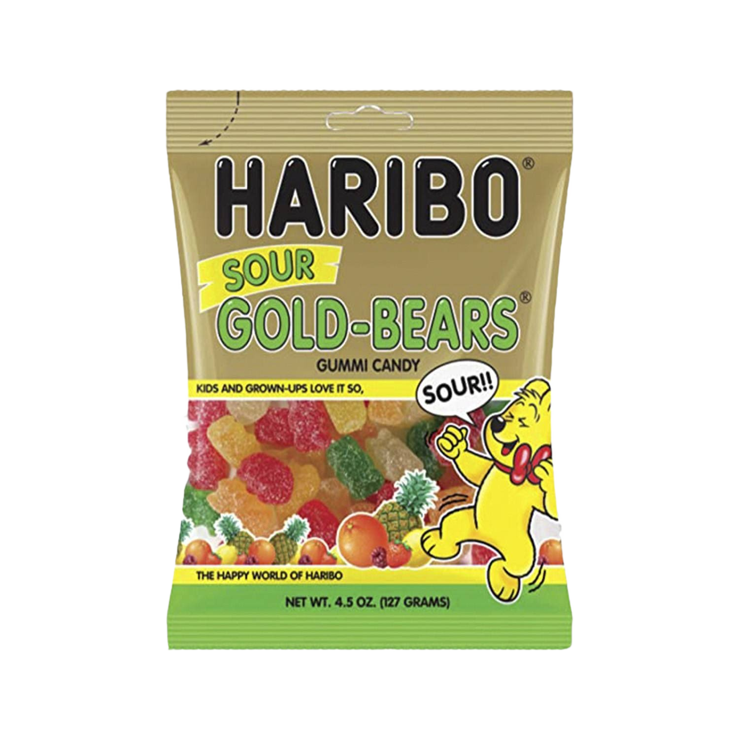 Pack of Haribo sour gold gummy bears with multi-colored fruit-flavored chewy candy in food and beverage collection