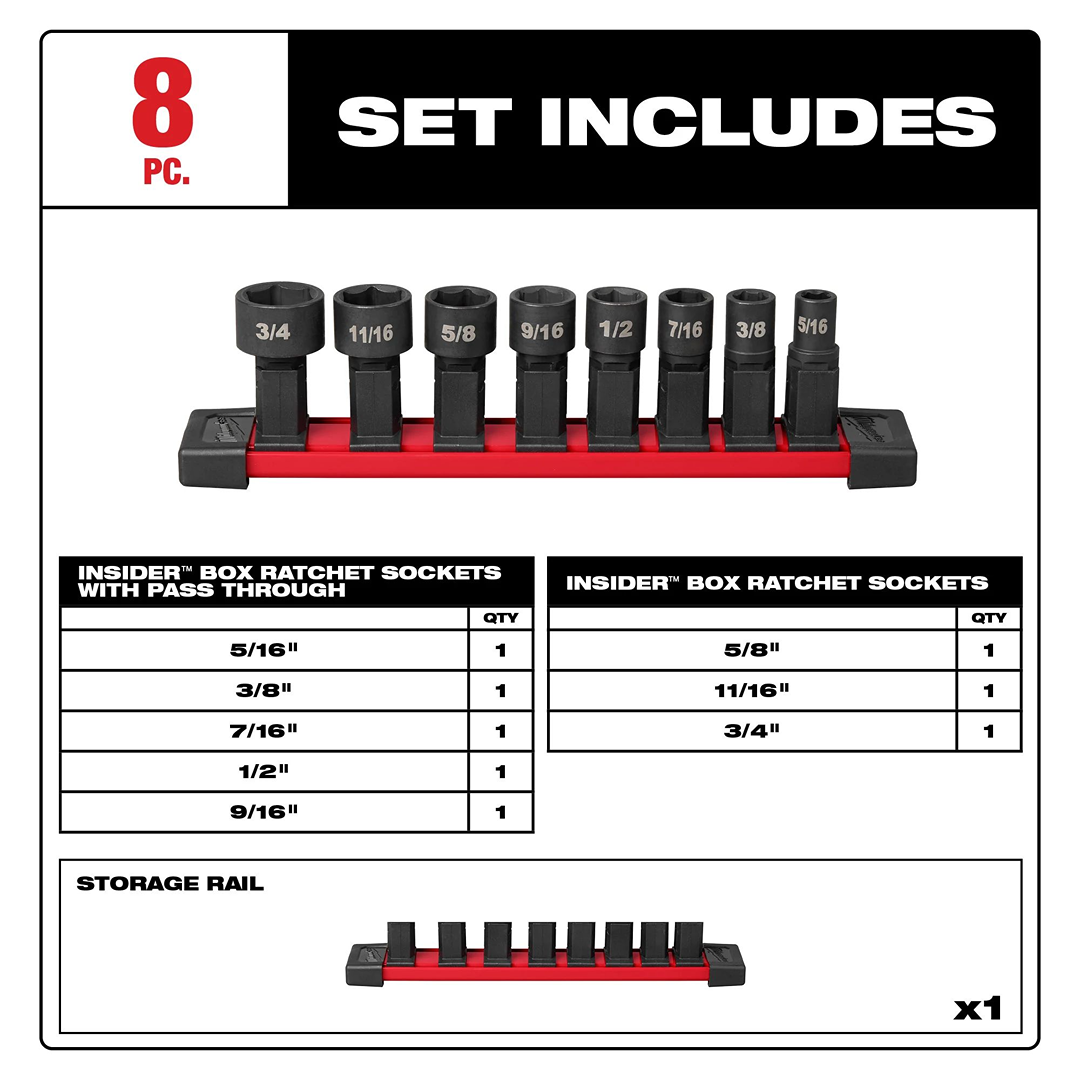 Eight-piece low-profile ratchet socket set with SAE sizes organized on a red storage rail for hand tool collections.