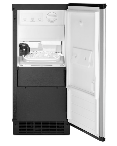 Compact 15-inch black icemaker with clear ice storage, designed for kitchen and appliance use in refrigeration setups