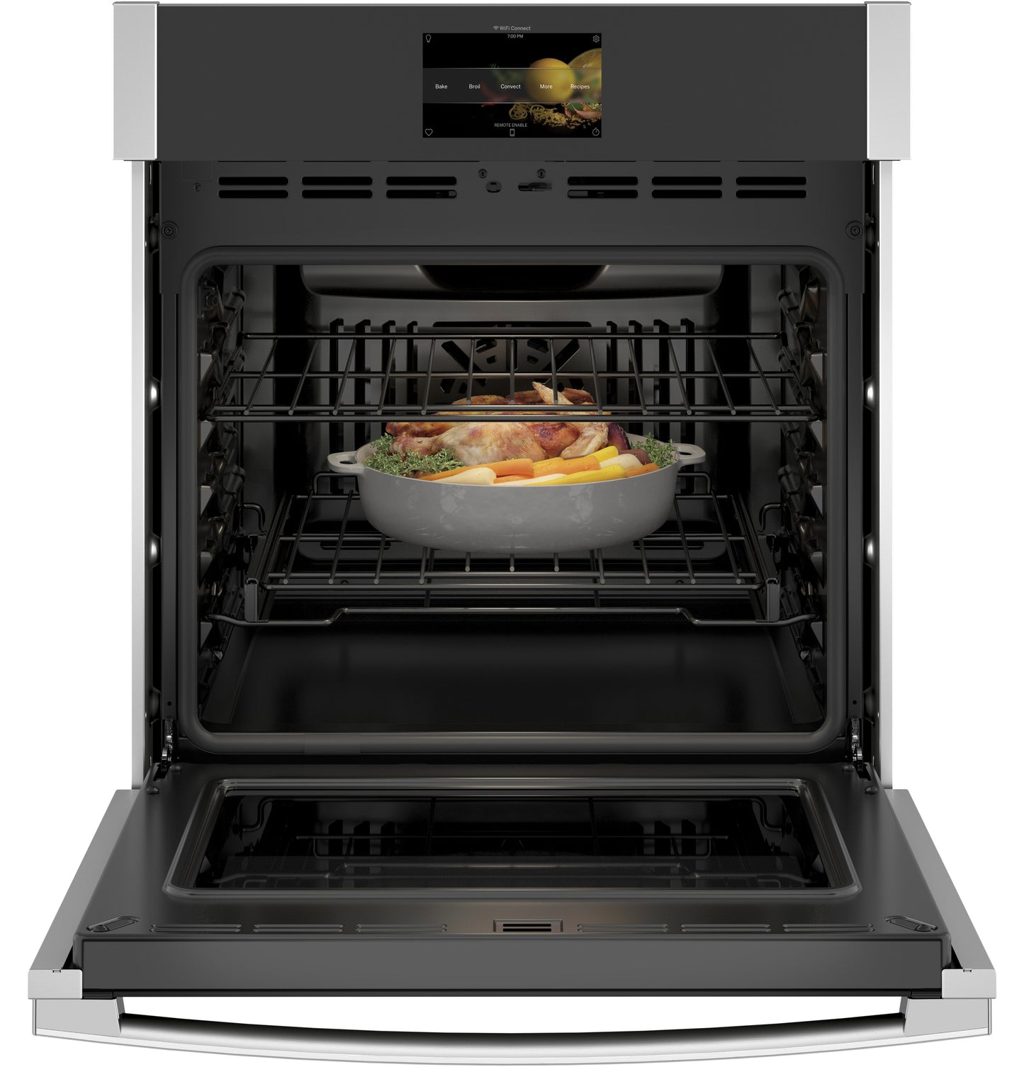 Open stainless steel smart built-in wall oven with convection cooking and a roasted chicken inside in Single Wall Ovens and Kitchen collections