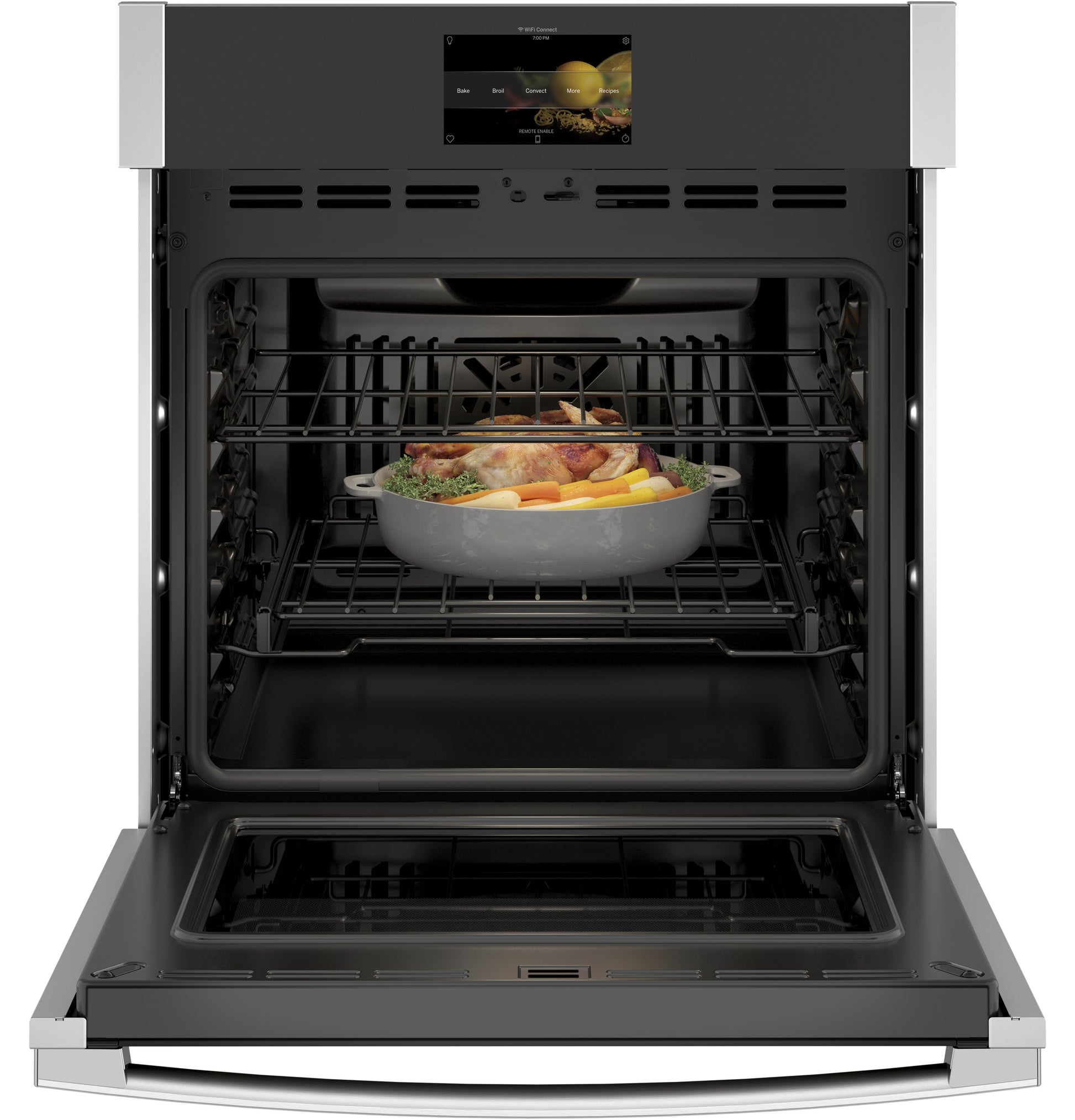 Open stainless steel smart built-in wall oven with convection cooking and a roasted chicken inside in Single Wall Ovens and Kitchen collections
