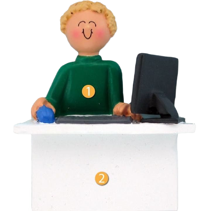Blonde male figurine sitting at white desk with computer for Christmas Ornaments & Tree Decorations under $50 collection
