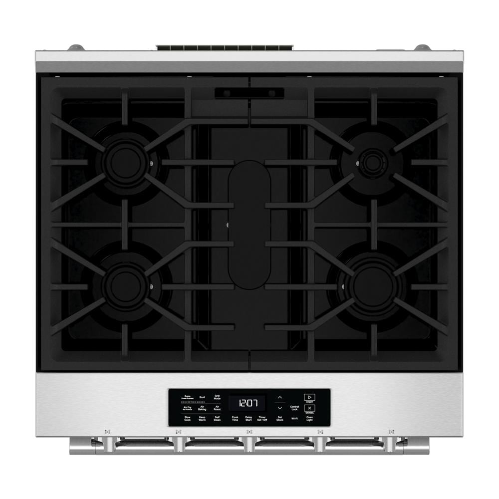 Top view of stainless steel 30-inch slide-in gas range with four burners and digital control panel from Ranges collection