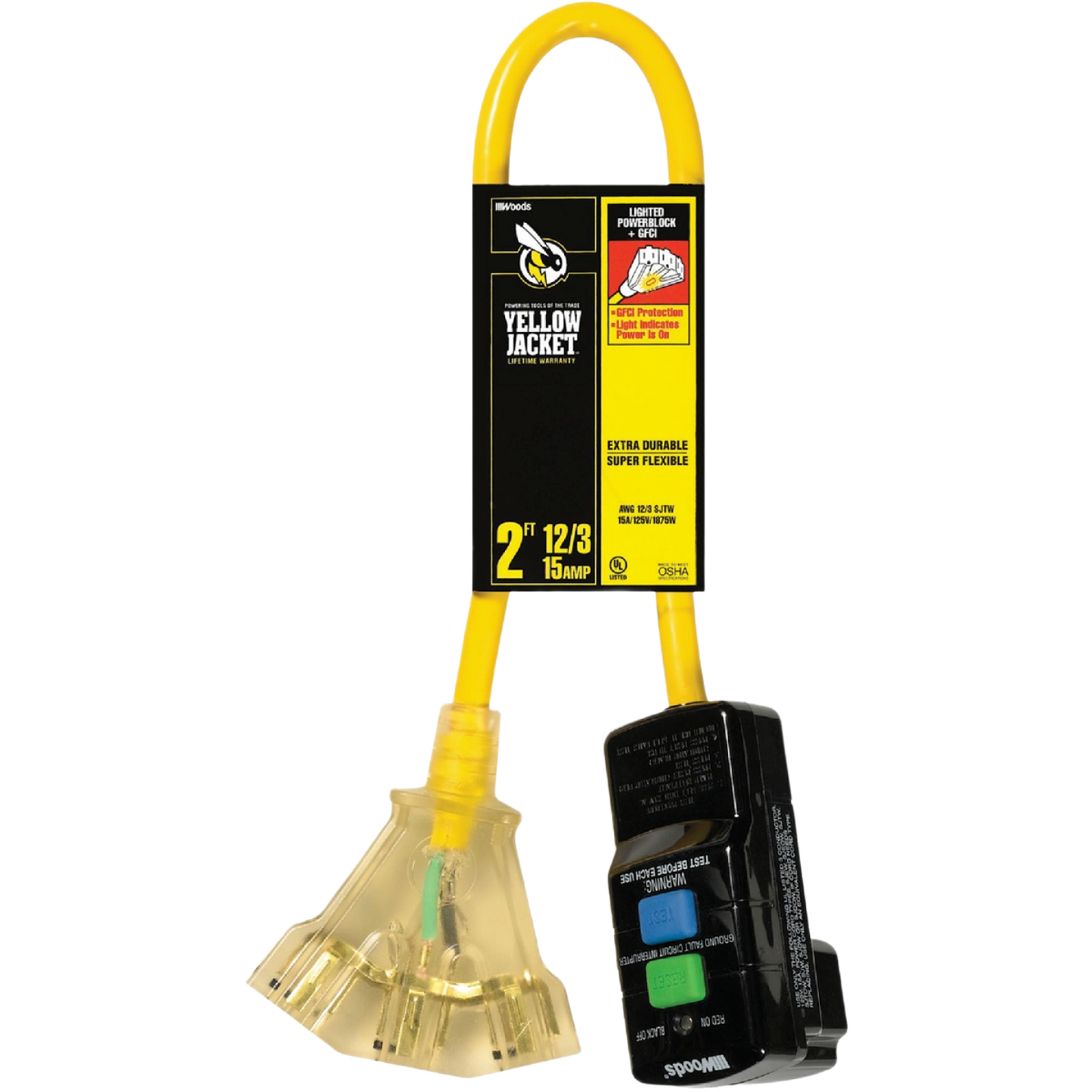 Yellow extension cord with powerblock featuring GFCI protection for safe home improvement and tool use