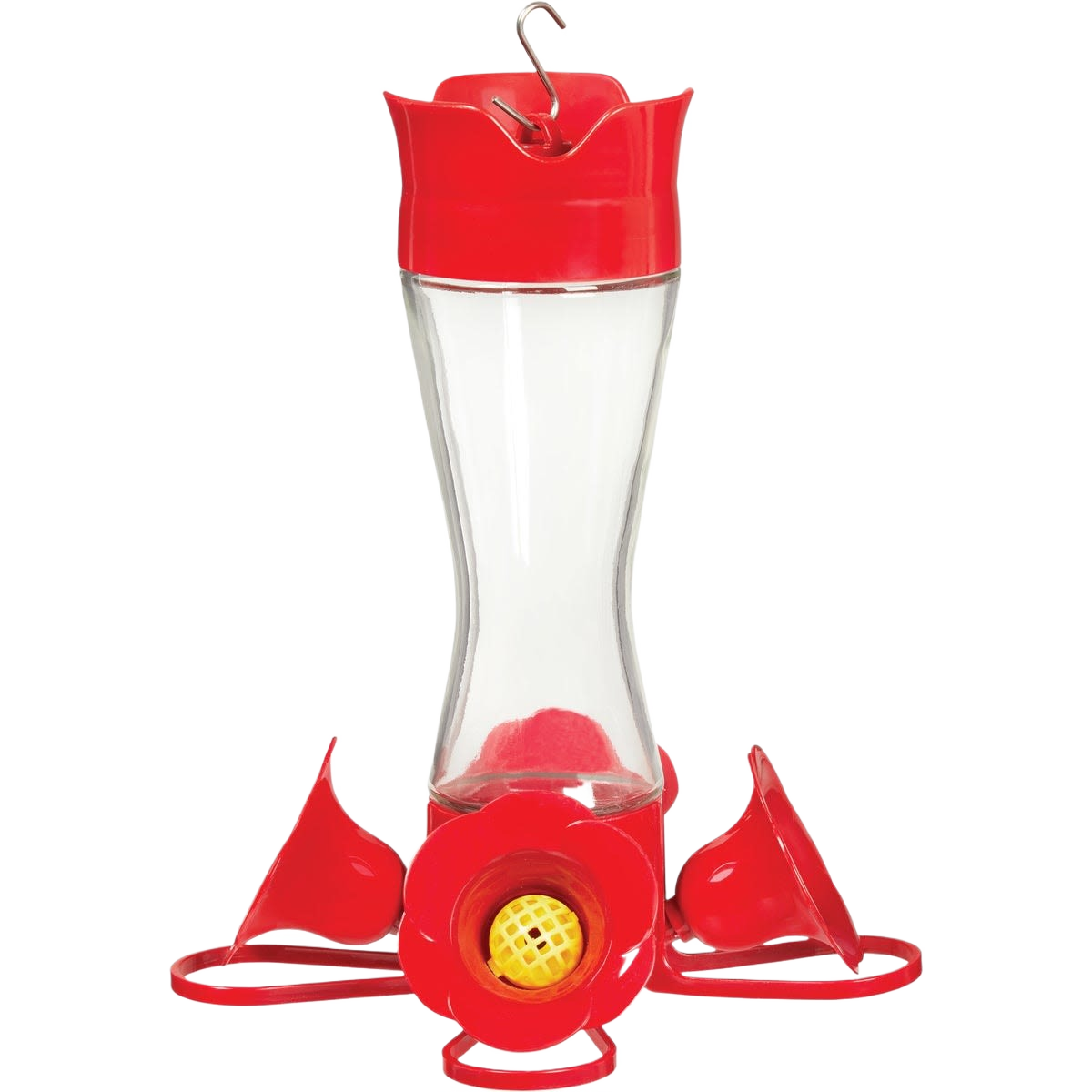 Clear glass hummingbird feeder with red plastic base and flower-shaped feeding ports for outdoor bird feeding