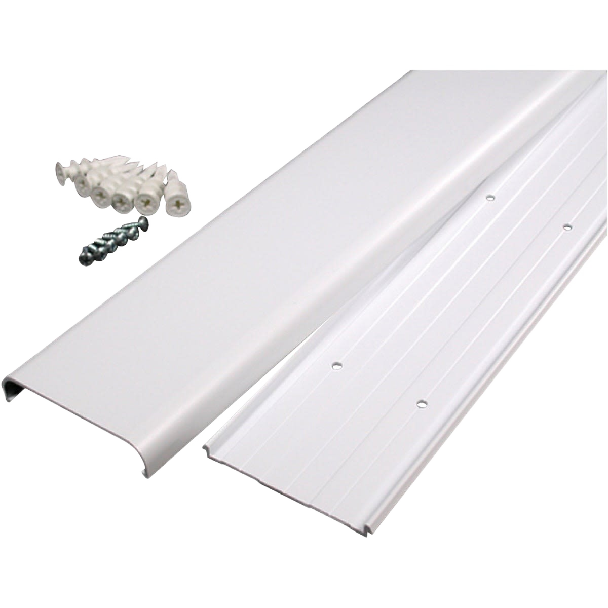 White cord channel kit with mounting screws for concealing TV cables in electrical and home improvement projects