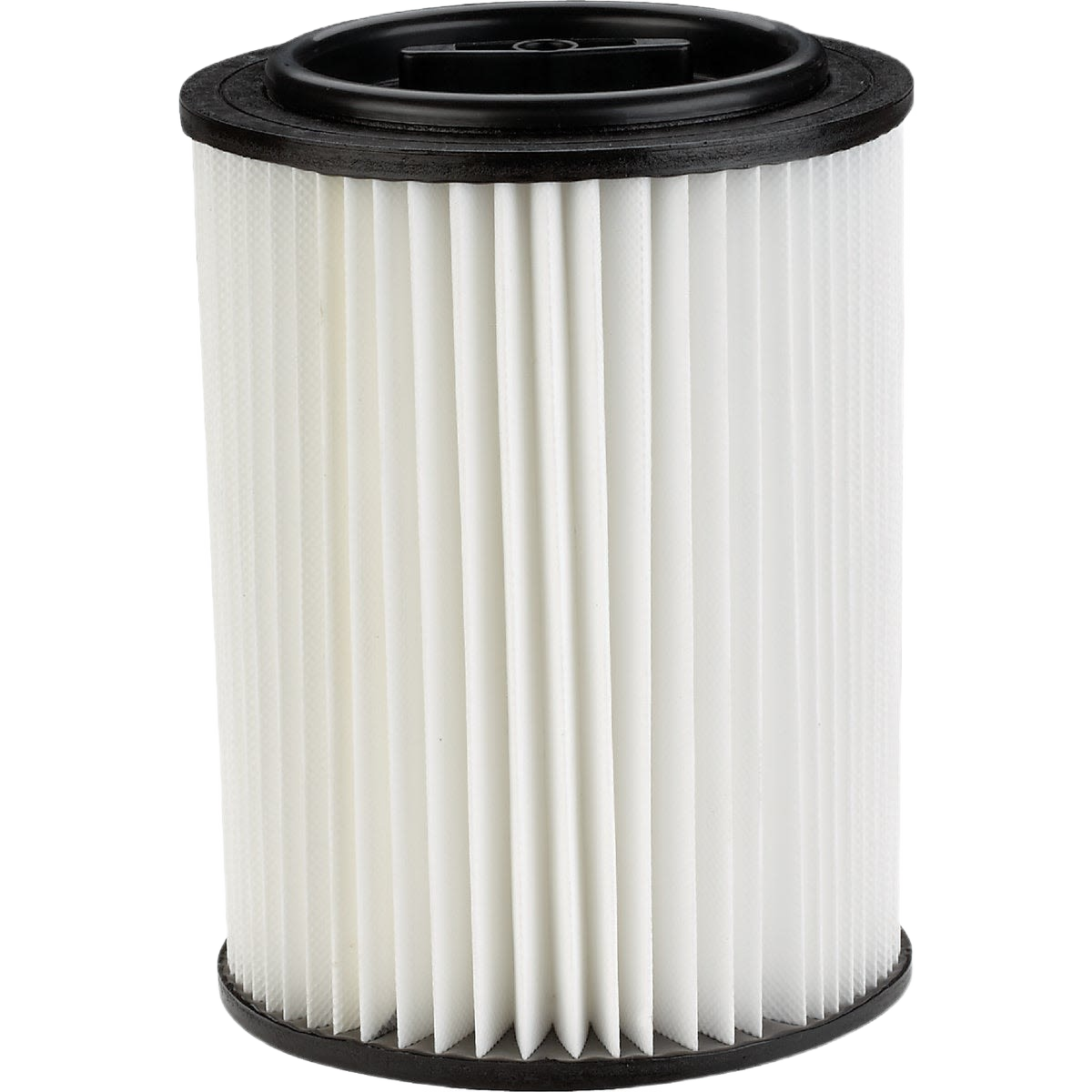 White pleated cartridge filter with black rubber edges for wet and dry vacuum systems in home improvement use