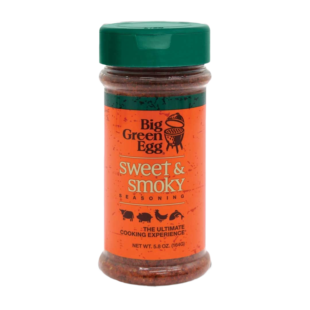 Bottle of Big Green Egg sweet and smoky seasoning with green cap for grilling and BBQ sauces and rubs collections under $50