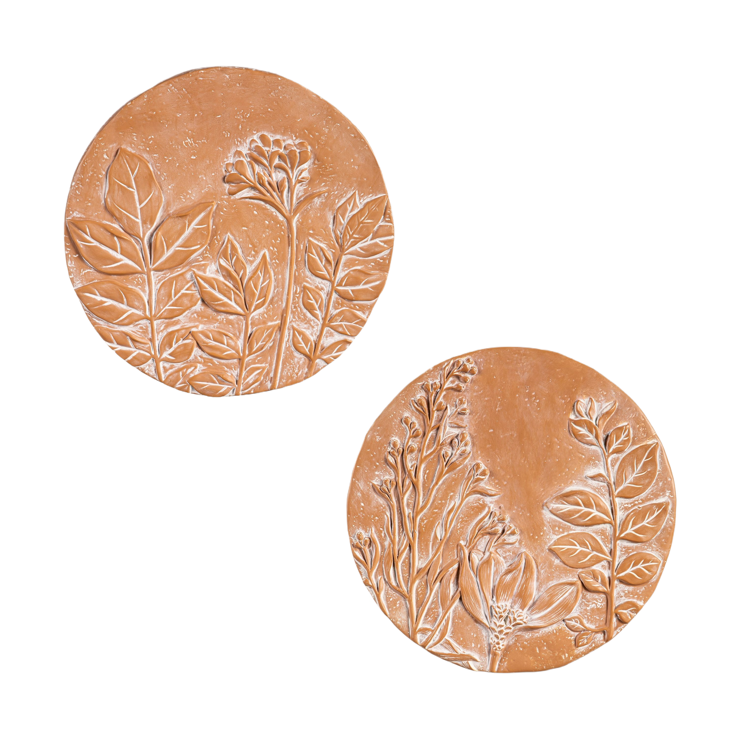 Round terracotta stepping stones with detailed floral leaf and flower patterns for home improvement projects