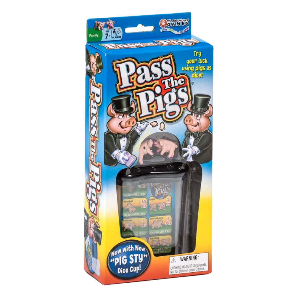 Boxed Pass the Pigs game with illustrated pigs in tuxedos, includes a pig-shaped dice cup in blue and yellow packaging, Toys & Games.