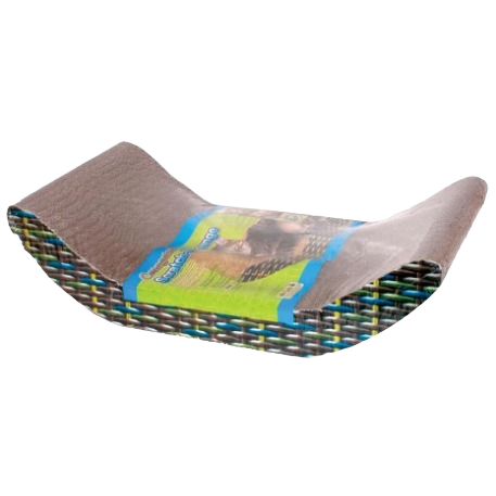 Curved corrugated cardboard cat scratcher with multi-color woven pattern sides for pet supplies and scratching pads collection