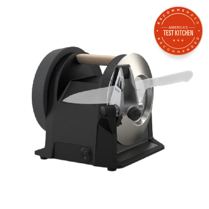 Black and silver kitchen knife sharpener with wooden handle and guided sharpening system for home tool use