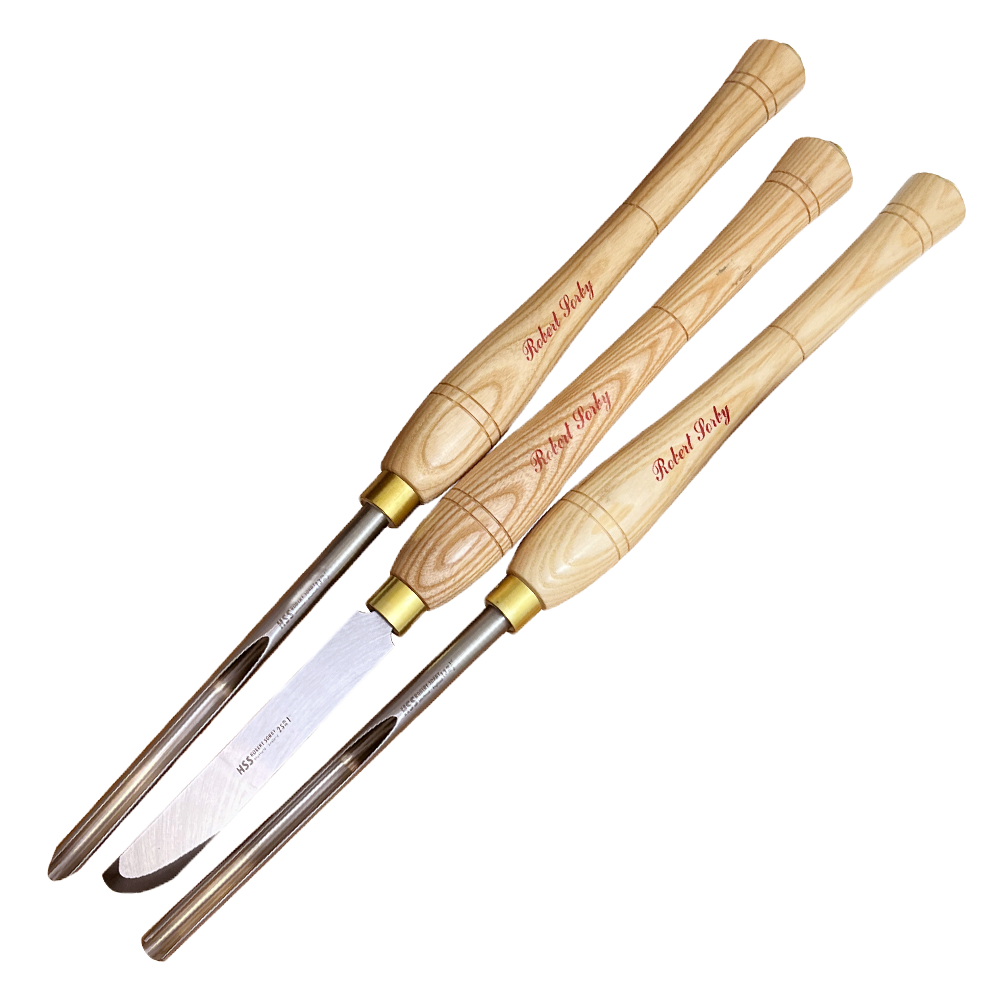 Set of three woodturning tools with wooden handles and metal blades for bowl shaping and carving tasks.