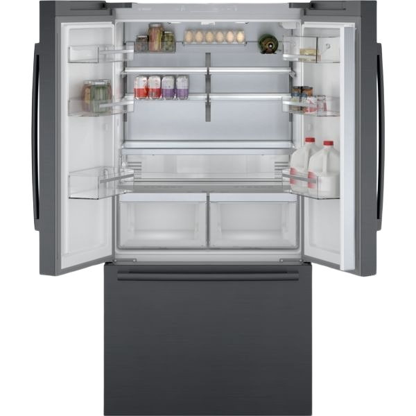 Open black stainless steel French door refrigerator with bottom freezer and adjustable interior shelves for kitchen appliances