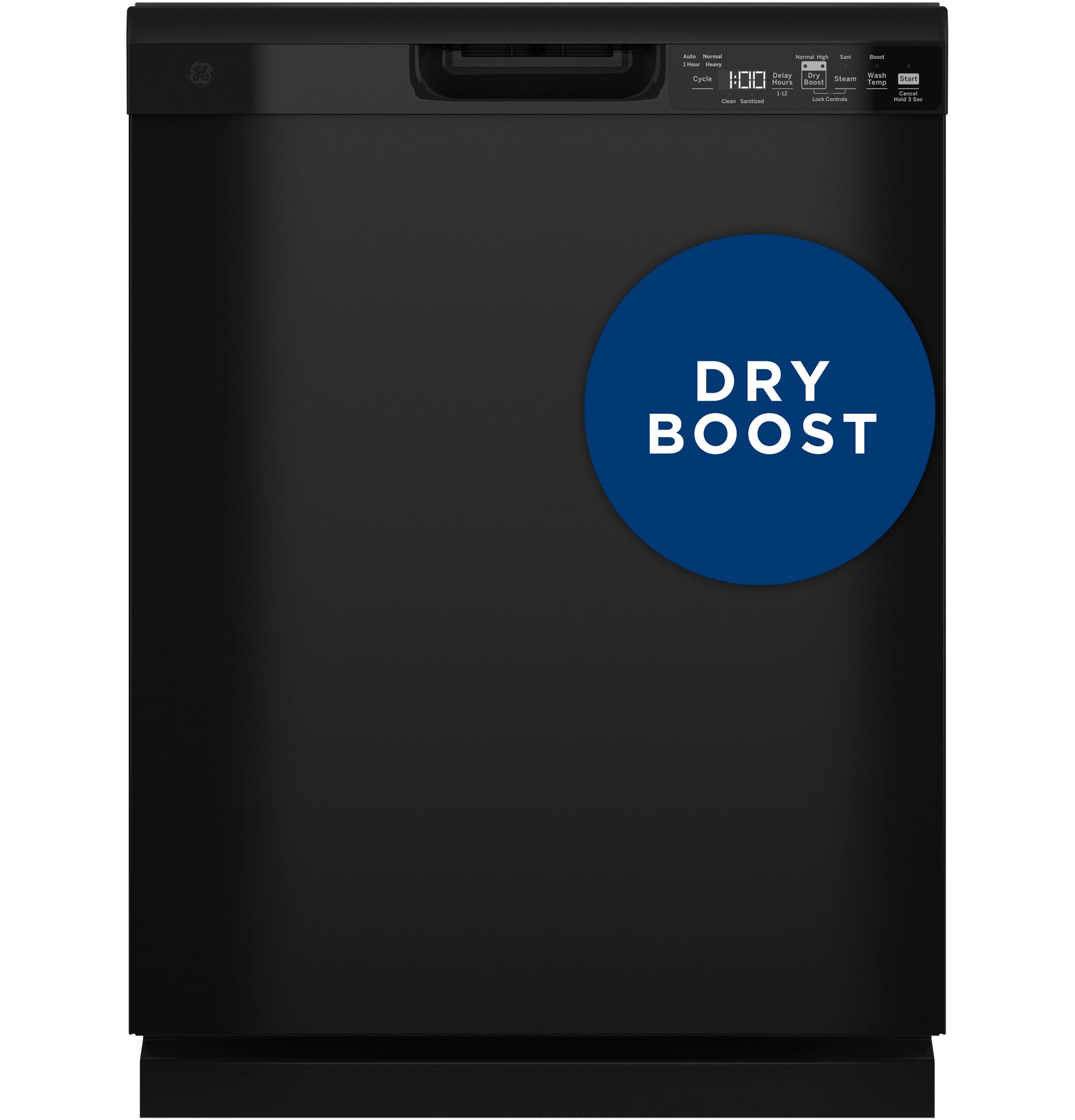 Black front control dishwasher with plastic interior and sanitize cycle badge in dishwashers and kitchen appliances collection