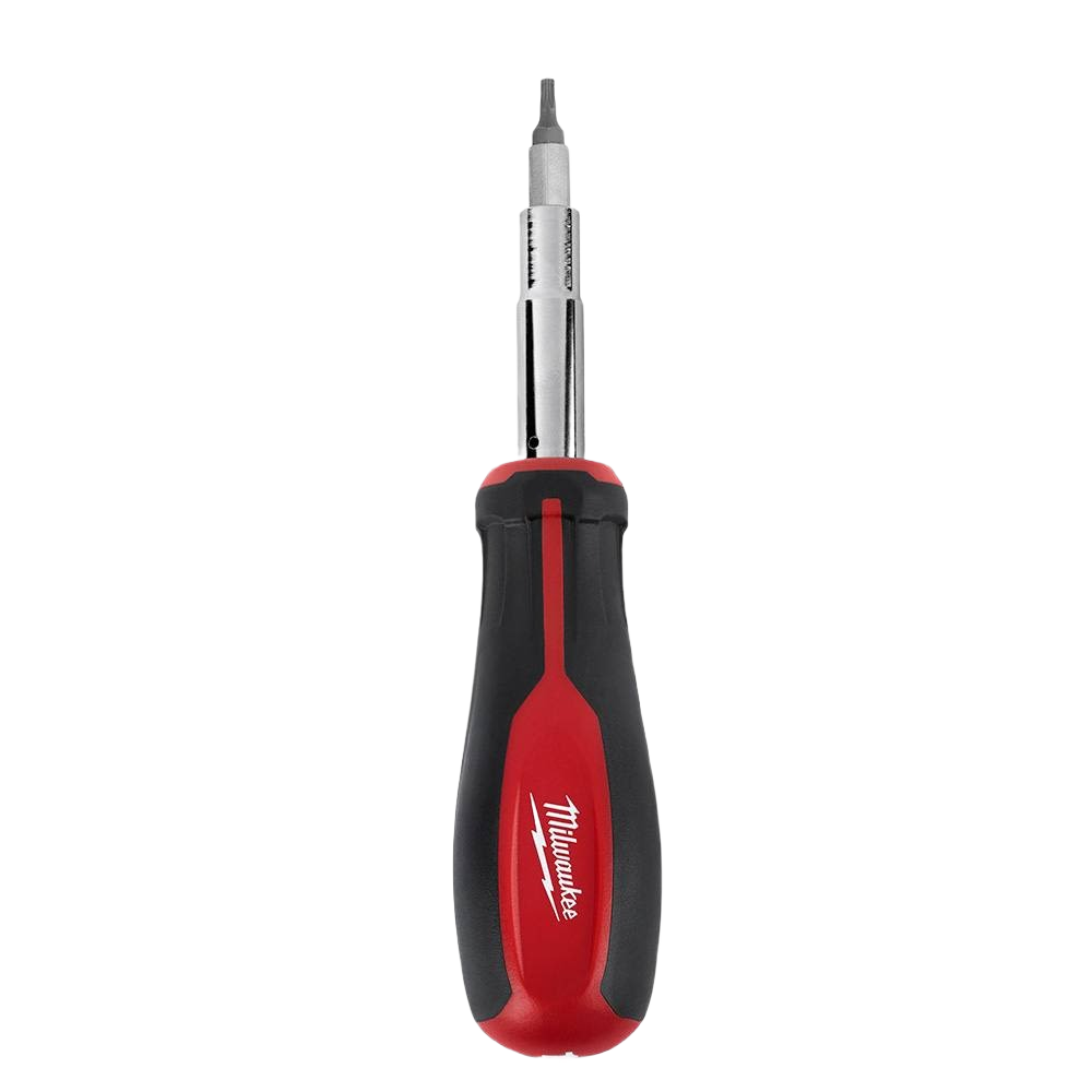 Compact multi-bit square drive screwdriver with red and black ergonomic handle for tools and home improvement tasks