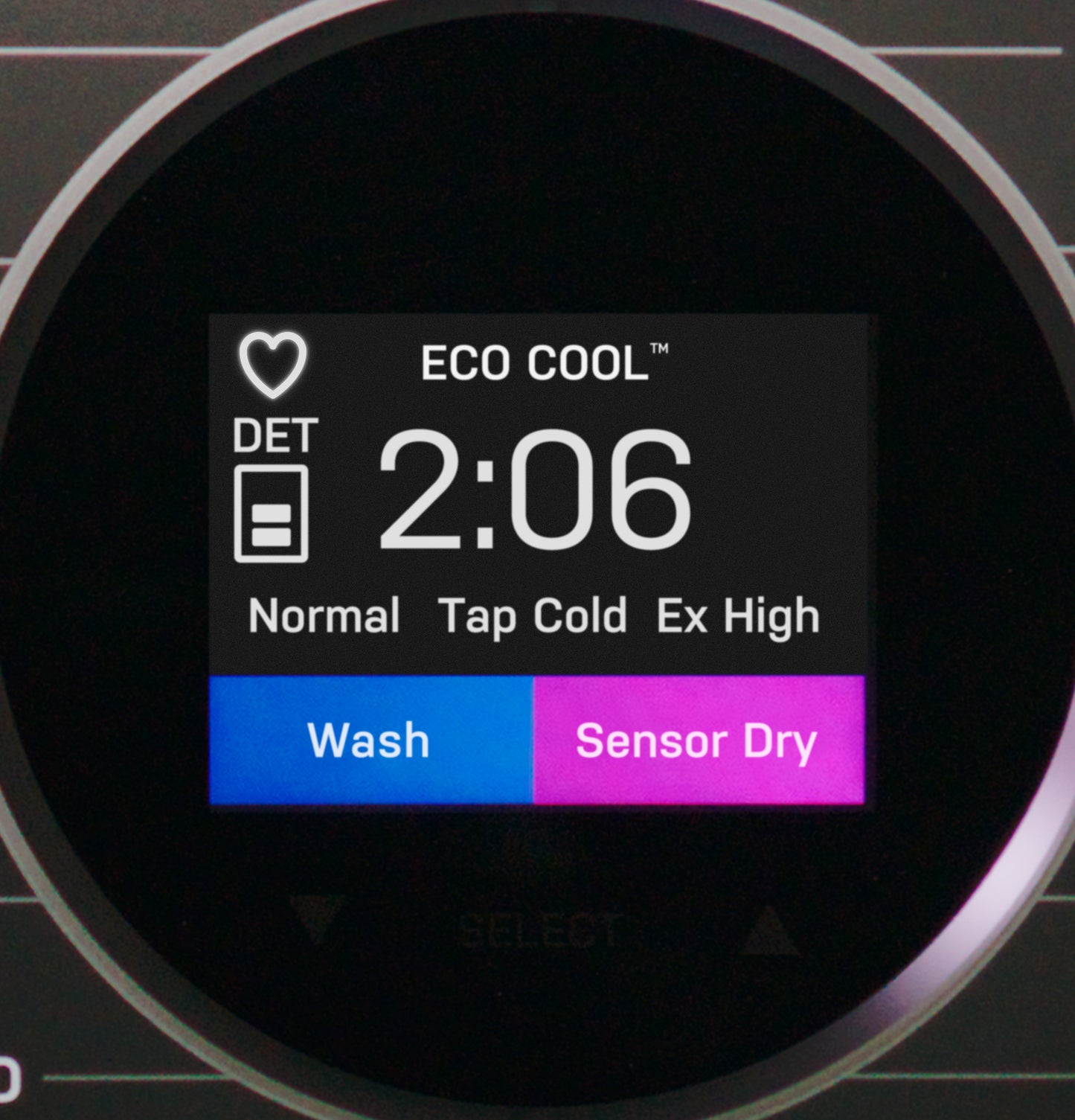 Digital display panel on washer/dryer combo showing Eco Cool cycle with wash and sensor dry options visible