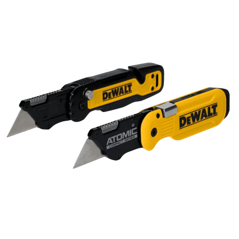 Two DEWALT push and flip folding utility knives in yellow and black for woodworking and home improvement tasks