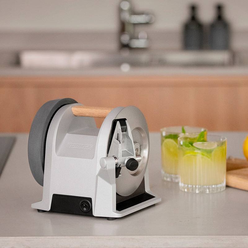 Zinc gray kitchen knife sharpener with wooden handle in woodworking tools and sharpeners for home improvement use
