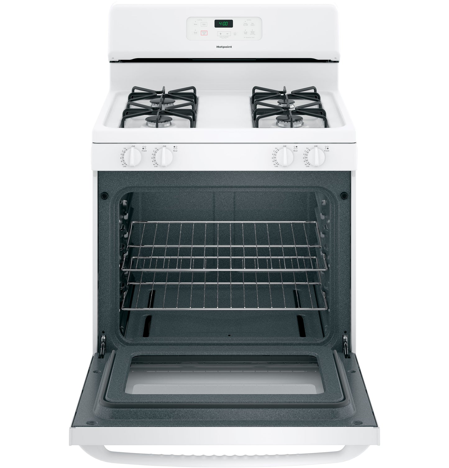 White free-standing gas range with open oven door, dual burners, and digital control from ranges and kitchen appliances collections