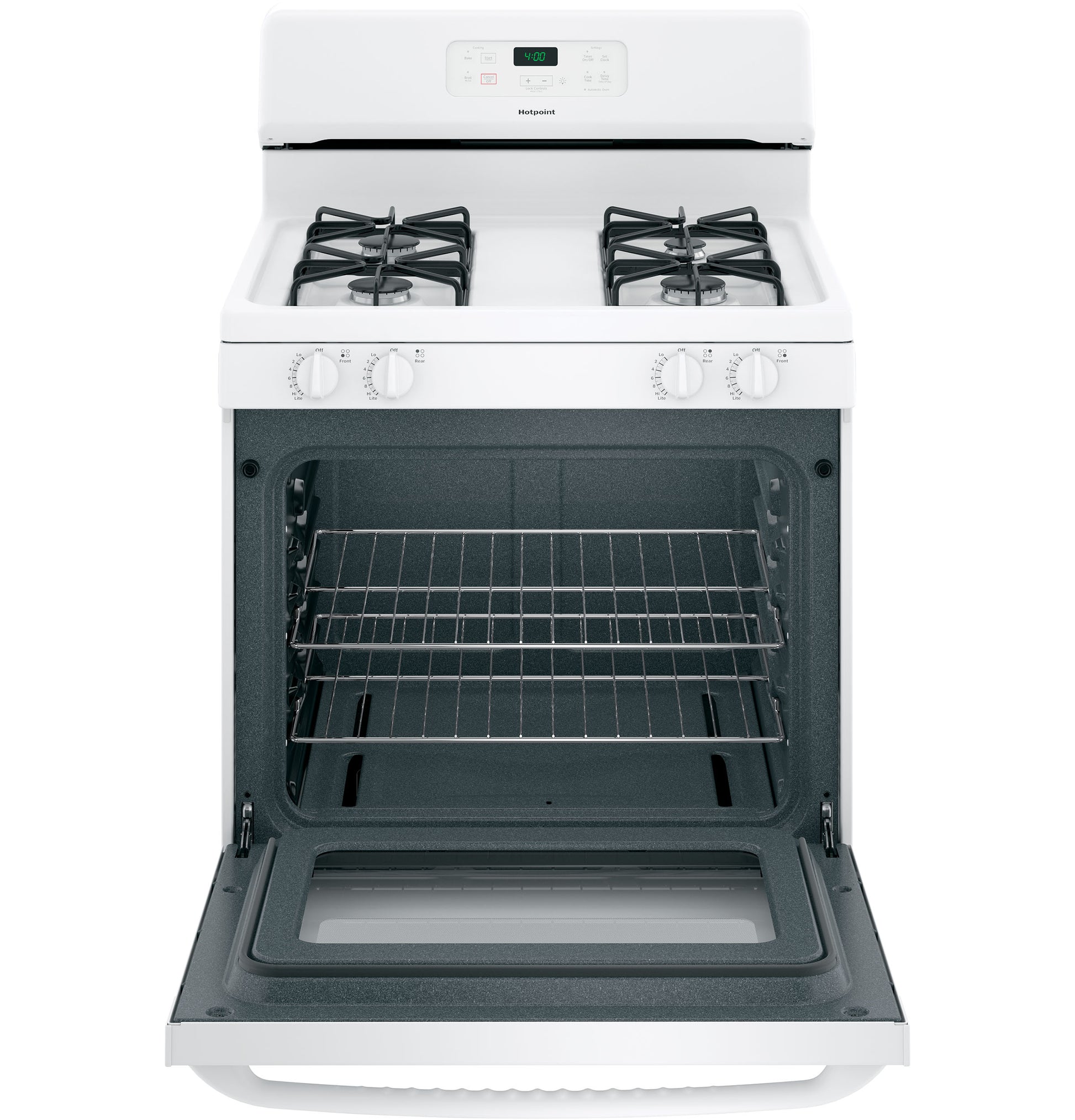 White free-standing gas range with open oven door, dual burners, and digital control from ranges and kitchen appliances collections