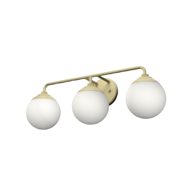Three-light painted brass vanity fixture with frosted globe shades for bathroom and wall lighting applications