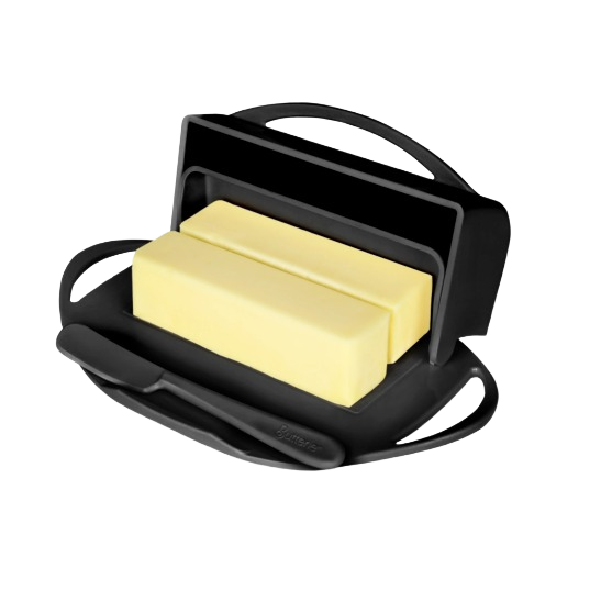 Matte black flip-top butter dish with spreader for kitchen countertop storage and organization collections