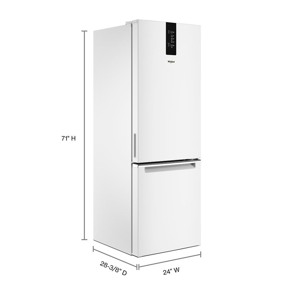 White garage-ready bottom-freezer refrigerator with digital controls from kitchen and appliance collection