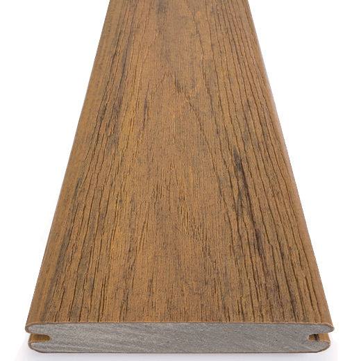 Grooved composite deck board in antique leather finish with realistic wood grain texture for home improvement projects