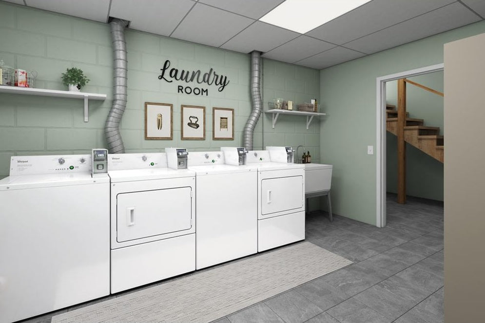 White commercial gas dryers with coin slide controls in a clean laundry room with utility sink and wall decor in appliances collection
