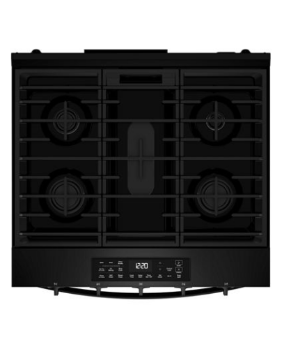 black 30-inch gas smart range cooktop with four burners and digital control panel in kitchen appliances collection
