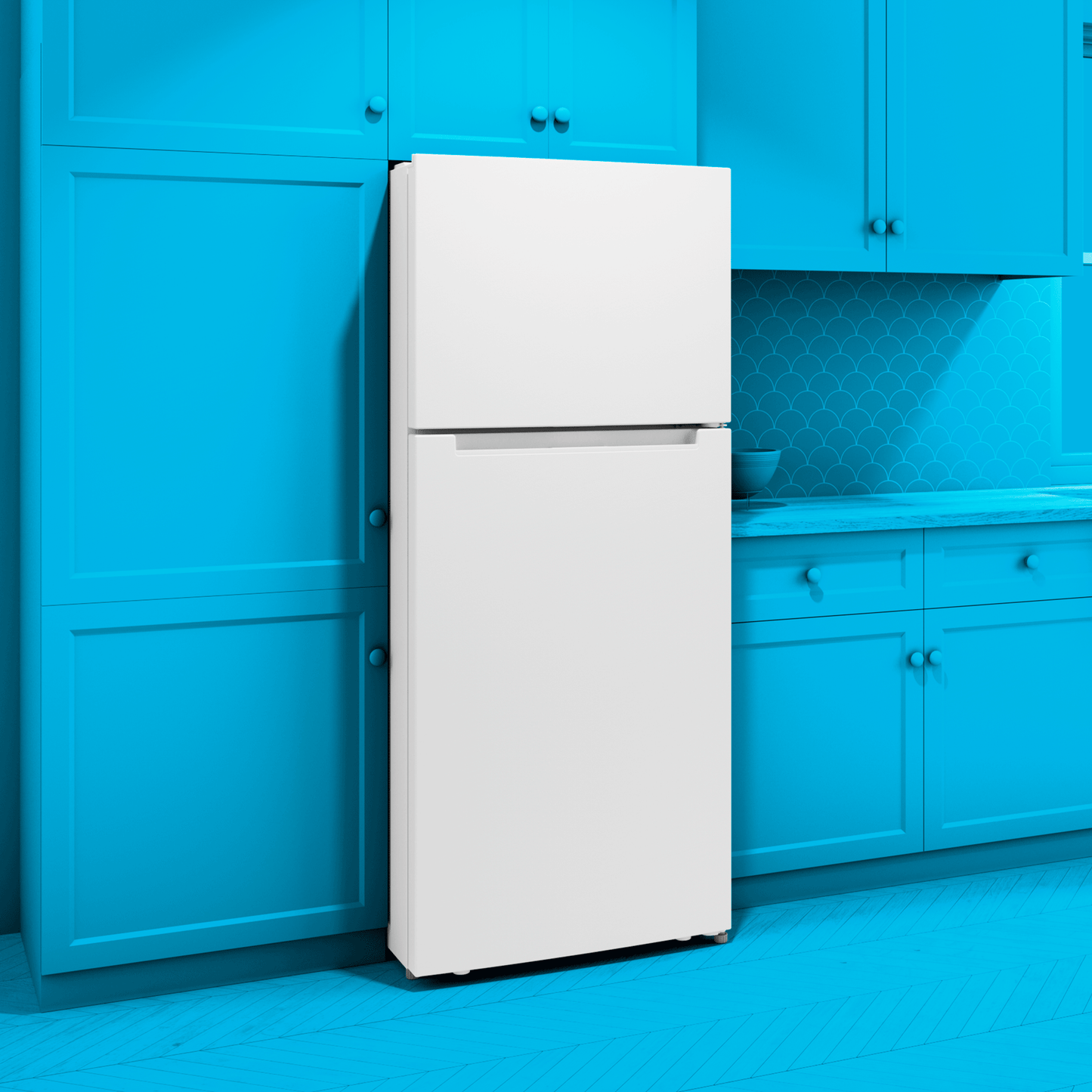White top freezer refrigerator with simple design and adjustable shelves in kitchen and appliances collection