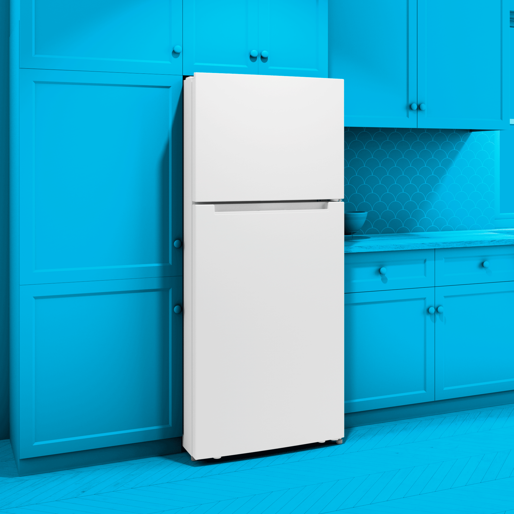 White top freezer refrigerator with simple design and adjustable shelves in kitchen and appliances collection