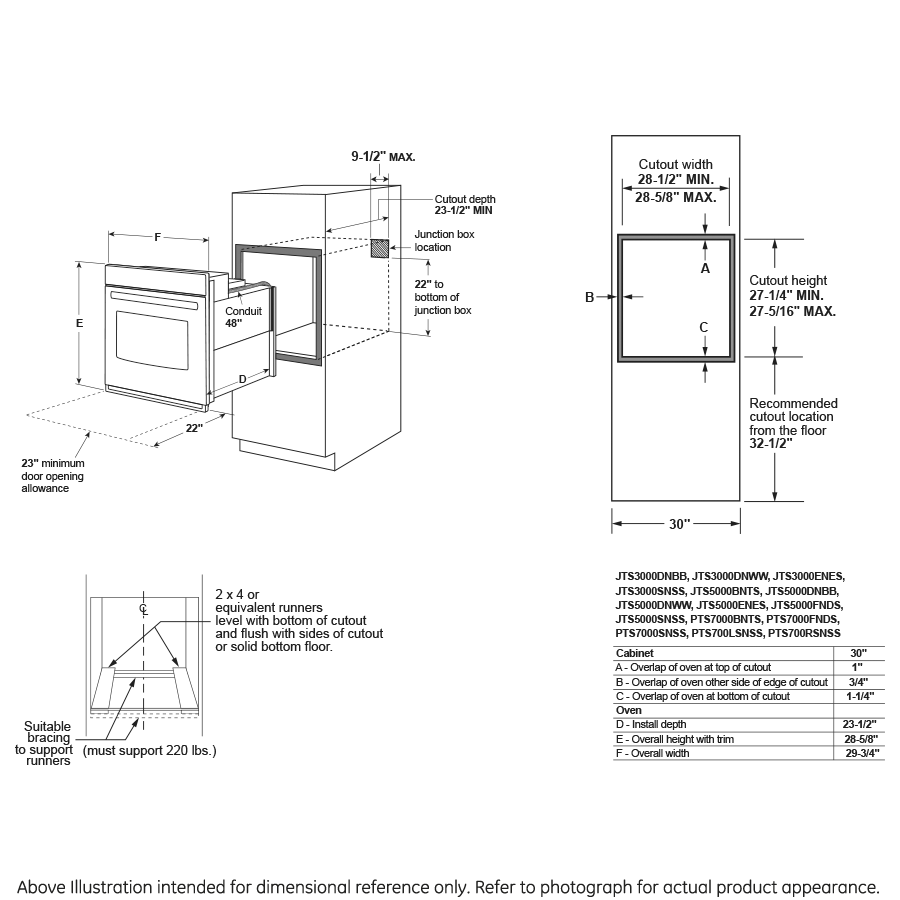 Diagram showing installation dimensions and cutout specifications for a 30-inch built-in wall oven from kitchen appliances collection