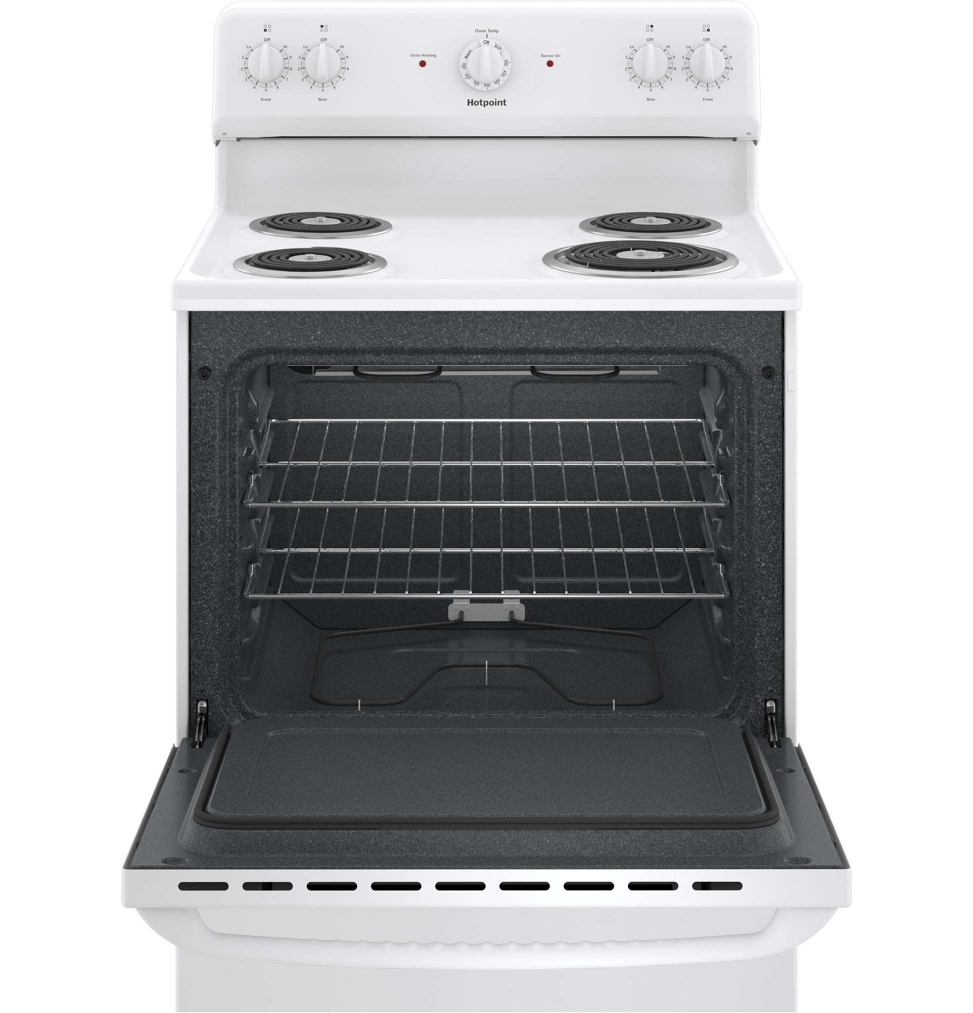 White free-standing electric range with coil burners and open oven from ranges and kitchen appliances collection