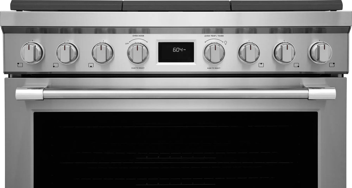 Stainless steel dual-fuel range with six control knobs and digital display from Ranges & Cooktops collection