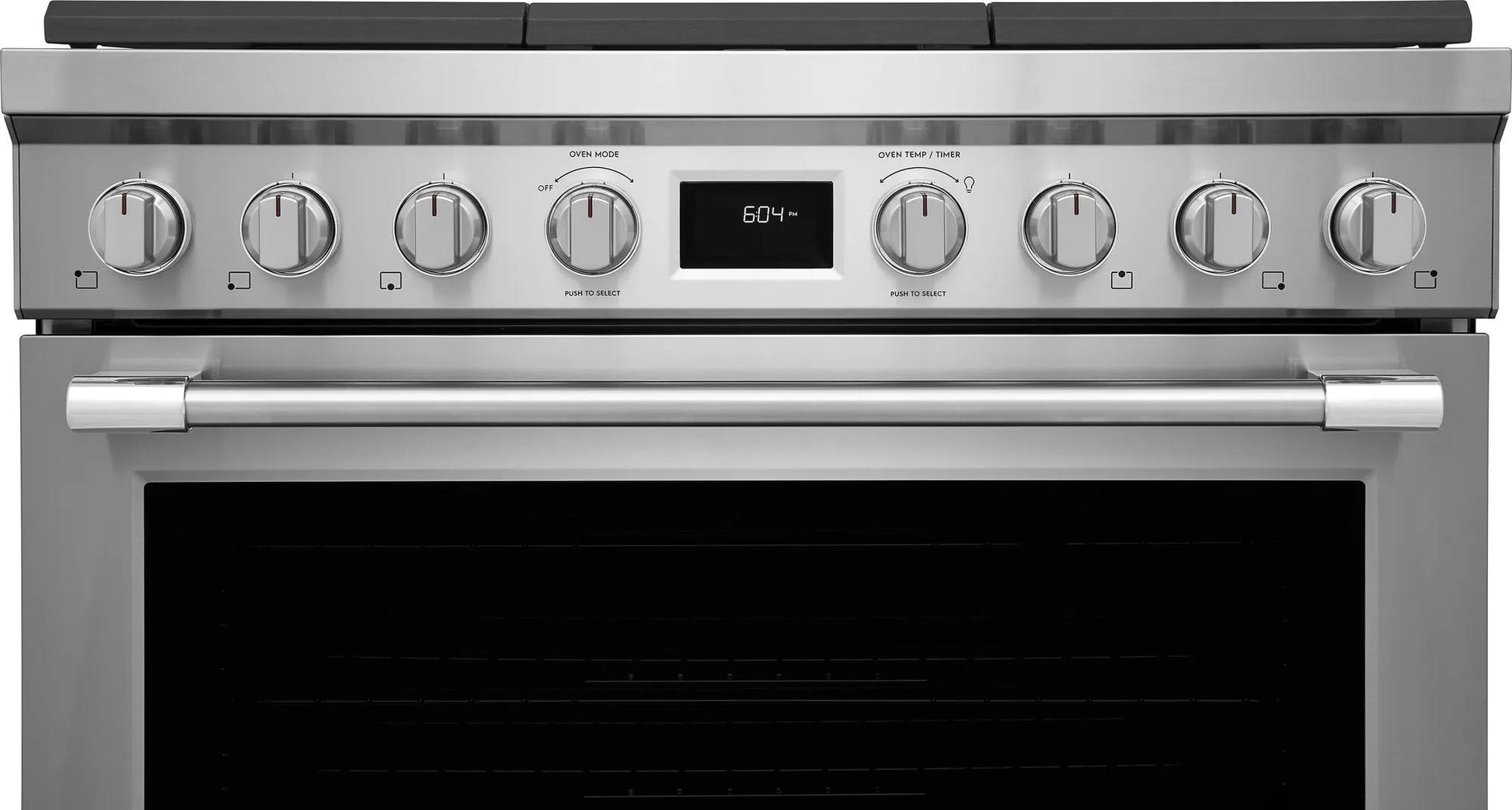 Stainless steel dual-fuel range with six control knobs and digital display from Ranges & Cooktops collection
