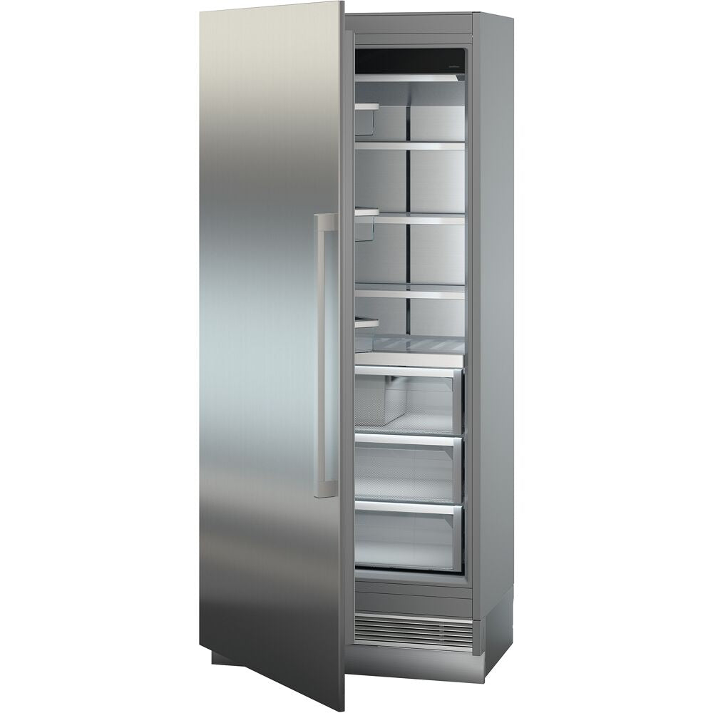 Panel-ready built-in freezer with right hinge, ice maker, adjustable shelves, and clear storage bins in kitchen appliances collection