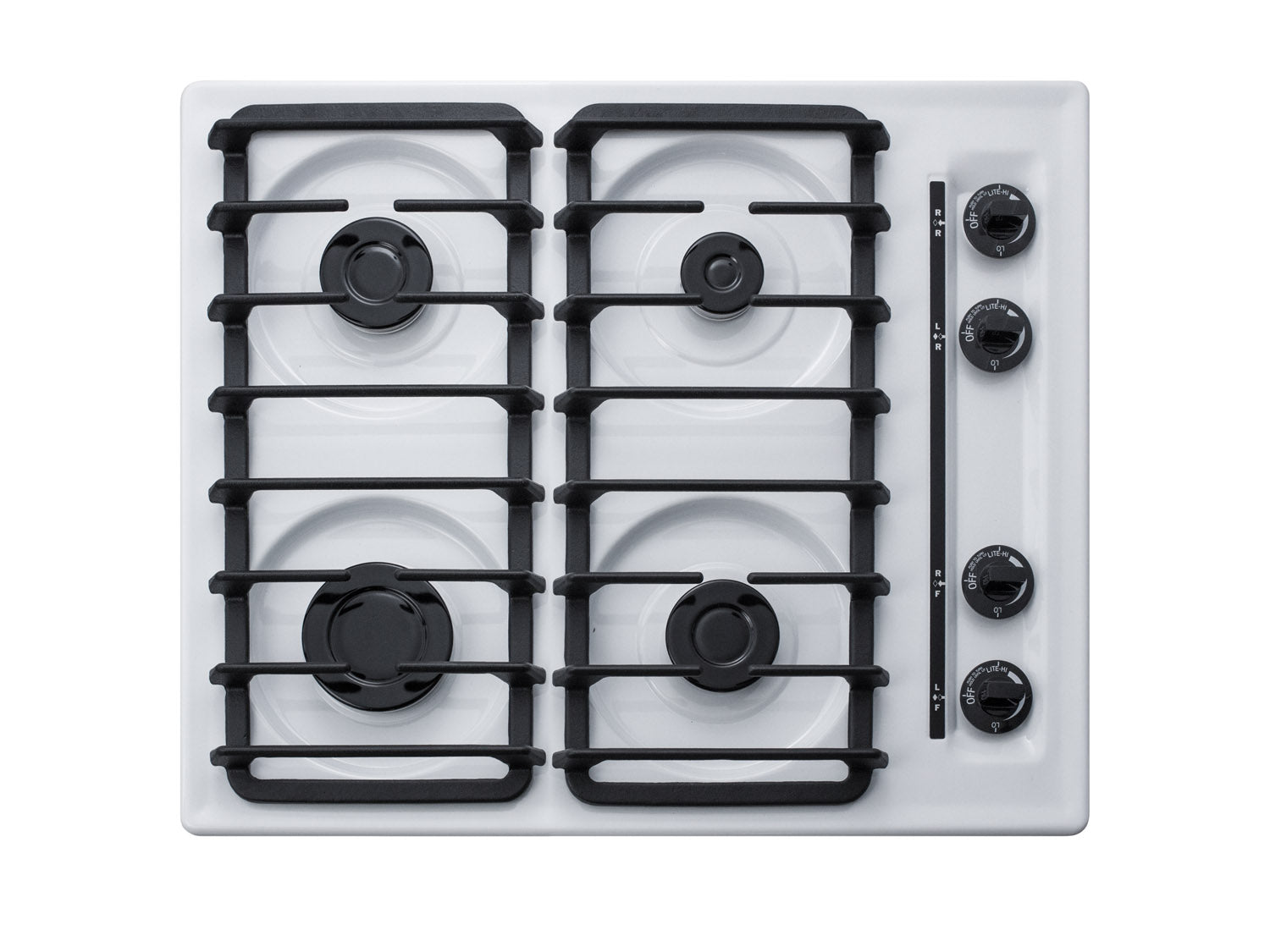 Top view of a white 24" wide four-burner gas cooktop with black grates and control knobs in kitchen appliances collection