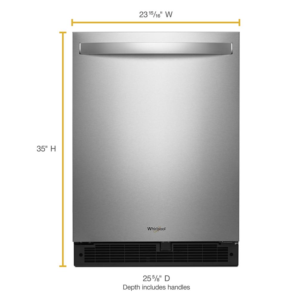 24-inch wide stainless steel undercounter refrigerator with integrated handle in kitchen and appliances collection