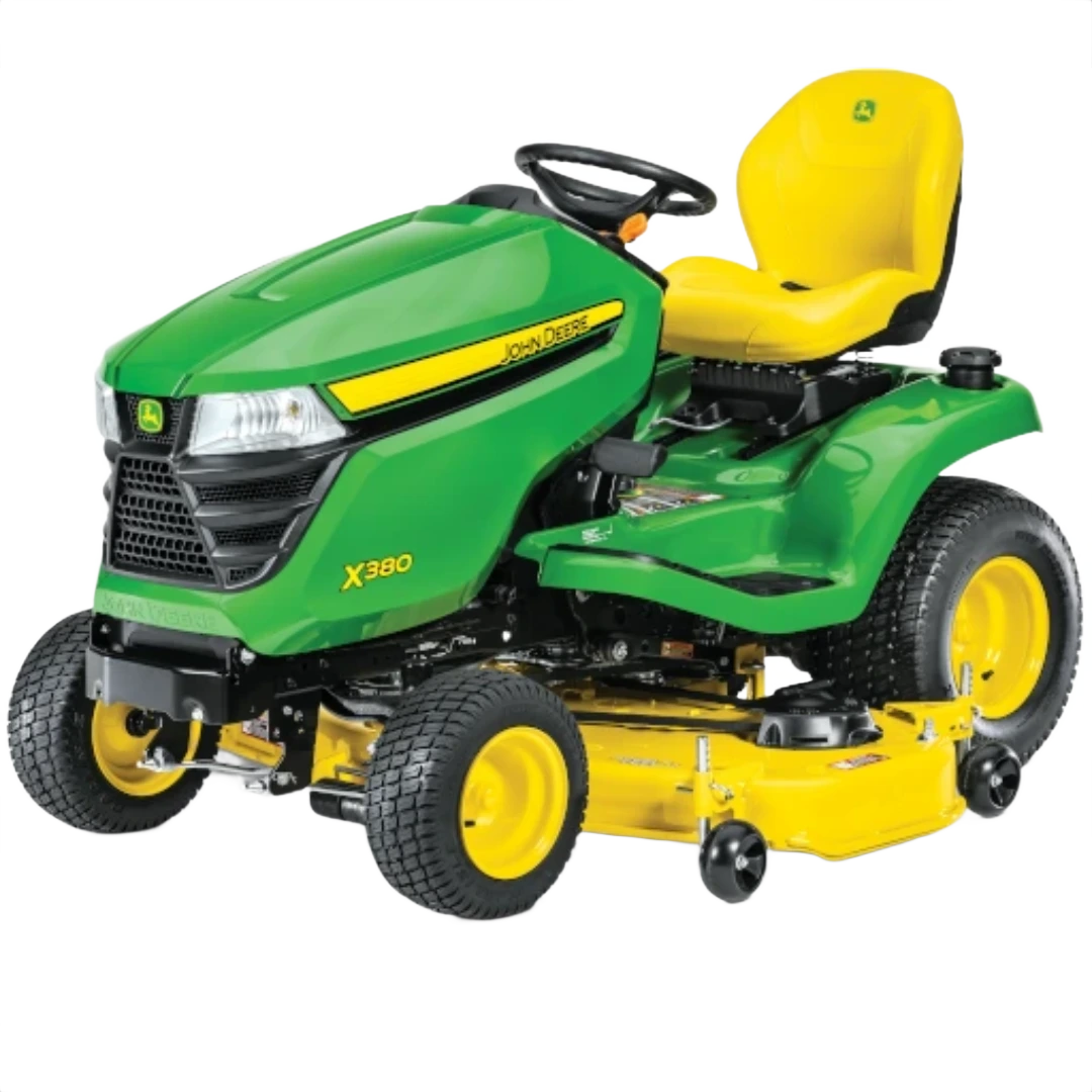 Green and yellow riding lawn mower with deep deck cutting system for efficient lawn care and home improvement tasks