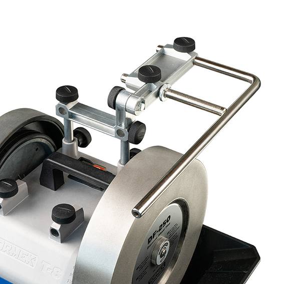 Metal multi base accessory with adjustable clamps and knobs for precision tool sharpening in home improvement tasks