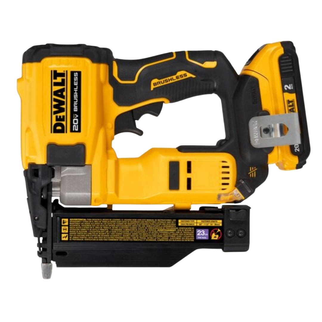 Yellow and black cordless brushless pin nailer with 20V battery for precise home improvement and woodworking tasks